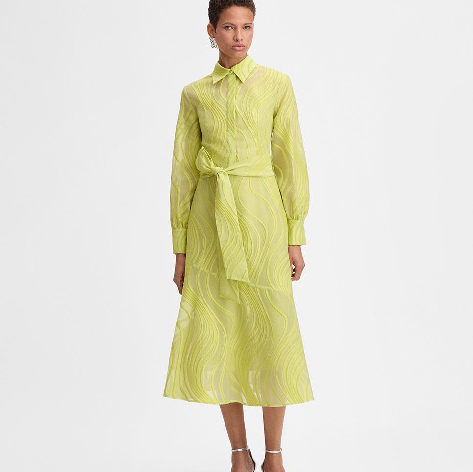 Vestido midi de manga larga y volante asimétrico Verde Simorra