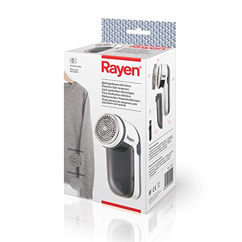 Rayen | Quitapelusas eléctrico | Incluye pilas | Con cubierta protectora de Acrilonitrilo butadieno estireno, Blanco/Gris | Para todo tipo de prendas | Multifuncional | Dimensiones: 13 x 6,8 x 5,8 cm