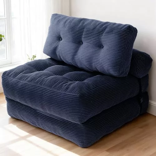Plasaig Sofá Cama Plegable con Respaldo Reclinable, Sillón Convertible en Cama 2 en 1 Portátil para Espacios Pequeños, Tela de Pana con Relleno de Espuma, 190 x 85 cm Desplegado (Azul)
