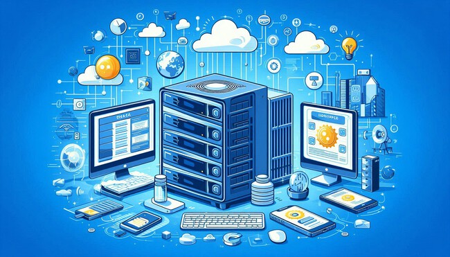 Ilustración generada con IA en la que se incluyen elementos relacionados con Internet, servidores, ordenadores y dispositivos móviles Mejores Hosting