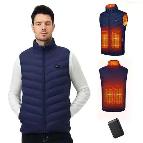 Mincoo Chaleco Calefactable Hombre con Batería De 10000 mAh, 3 Temperaturas, 5 Zonas de Calentamiento, Chaqueta Calentable con Carga USB, para Esquí, Motociclismo, Senderismo y Pesca(Azul,L)