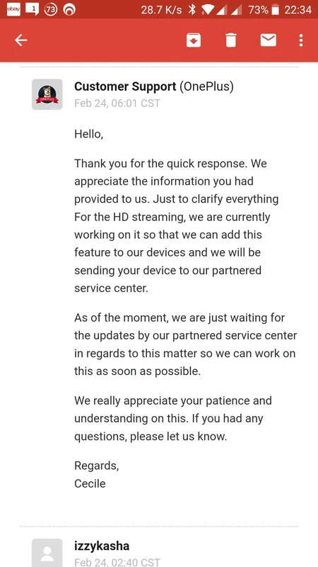 Widevine L1 を OnePlus 5 および OnePlus 5T に追加するには、テクニカル サポート センターに送る必要がありました。