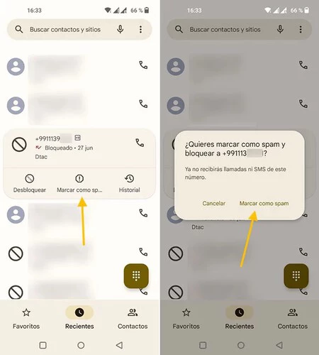 Capturas de pantalla mostrando los pasos a seguir para marcar un número como spam en Android
