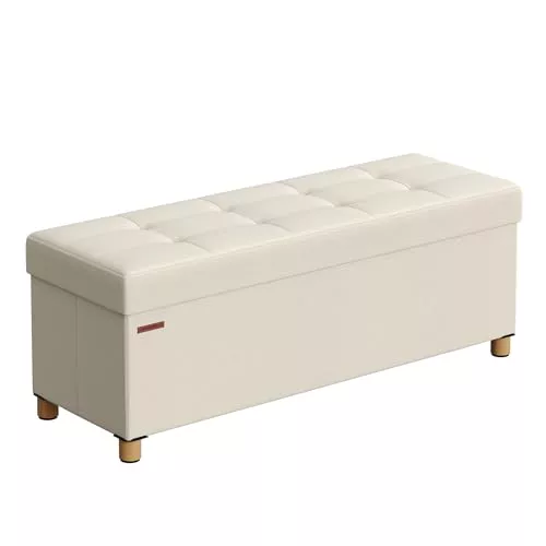 SONGMICS Puff Almacenaje, Baúl Plegable con Patas, 38 x 110 x 40 cm, Banco de Pie de Cama, Banco Almacenaje, Soporta hasta 300 kg, para Sala de Estar, Dormitorio, Entrada, Blanco Crema LSF018W11
