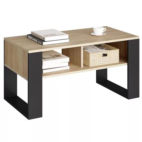 WOLTU Mesa Centro Baja, Mesa Auxiliar con 2 Niveles, Mesita Lateral para Sofa, Mesa de Cafe con Comportamientos, Mesita Pequela para Salon y Dormitorio, Roble Claro + Negro, 90x45x45cm, BTS16hei