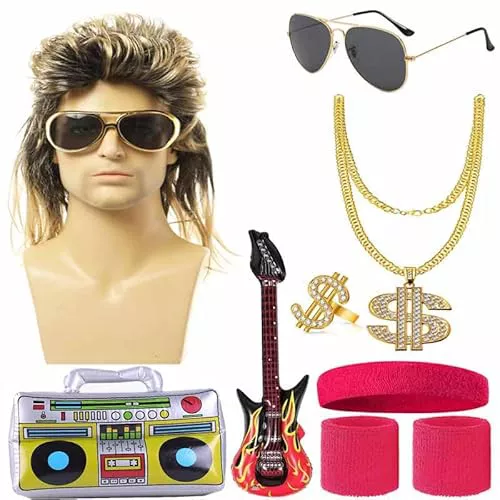 Edmirfun Accesorios de Disfraz de los años 80 para hombre,Conjunto De Disfraces De Hip Hop,Peluca Hombre,Caja de Radio Inflable,Collar De Dólar Dorado,Anillo,Gafas de Sol,Carnaval y Fiesta Temática
