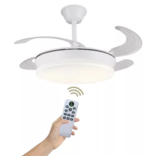 LUMIKING Ventilador de Techo Luz LED 48W Retráctil y Silencioso - Lámpara Ventilador Aspas Plegables con 3 Tonos de Luz (3000-4000-6000K) - 6 Velocidades, Memoria, Modo Verano Invierno, Ø92 cm