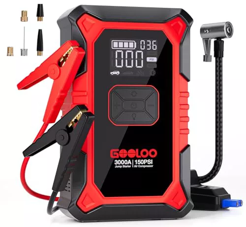GOOLOO A3 Arrancador de Baterias de Coche con Compresor de Aire, 3000A Arrancador de Coches (9,0 L de Gasolina/6,5 L de Diésel) Arrancador Coche Portatil con Apagado automático de 150 PSI