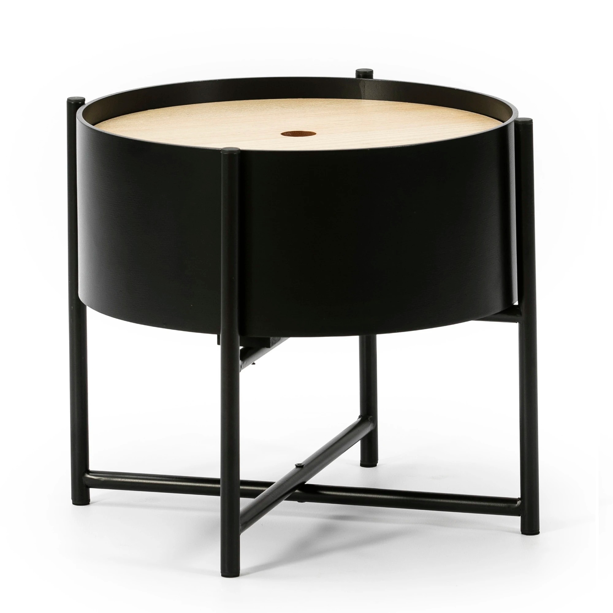 De HOMN Mesa auxiliar negro mate, tapa de madera y patas metálicas negro