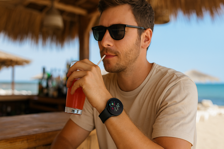 en un chiringuito con un Galaxy Watch