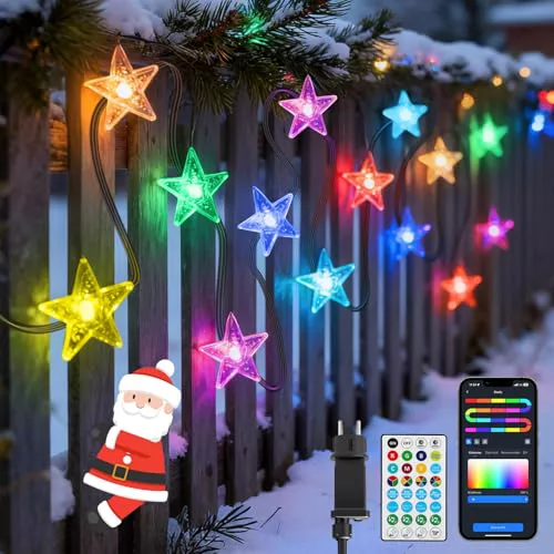 Aigostar Luces Navidad(Estrellas) RGBIC Inteligente, Guirnalda Luces LED con 10M 66LEDs, Control por Segmentos DIY de Color, Music Sync, 39 Modos Dinámicos, IP44 Impermeable para Interior y Exterior