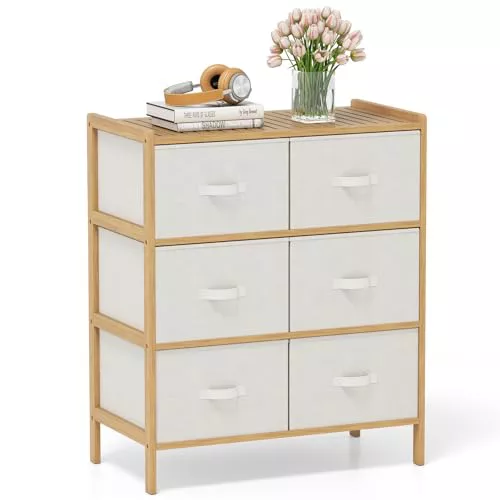 COSTWAY Cómoda de 6 Cajones para Dormitorio, Cajonera de Almacenamiento de Bambú Plegables de Tela y Estante Superior, Cómoda Moderna, Organizador Vertical para Guardarropa, Salón, Pasillo
