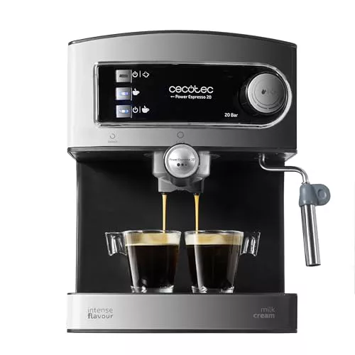 Cecotec Cafetera Express Manual Power Espresso 20. 850 W, Presión 20 Bares, Depósito de 1,6L, Brazo Doble Salida, Vaporizador, Superficie Calientatazas, Acabados en Acero Inoxidable