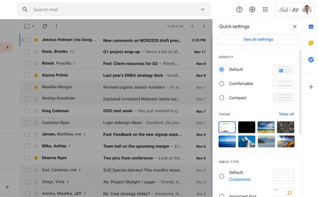 La interfaz de Gmail será más fácil de personalizar gracias a su nuevo menú de ajustes rápidos