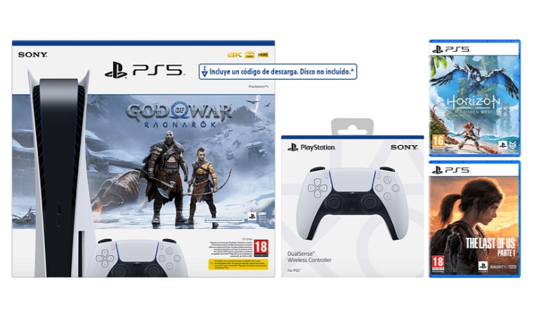 Consola - Sony PS5 Stand C, 825 GB (2 Mandos DualSense™ incluidos) + God Of War: Ragnarok (descarga) + Horizon Forbidden West + The Last Of Us: Part I