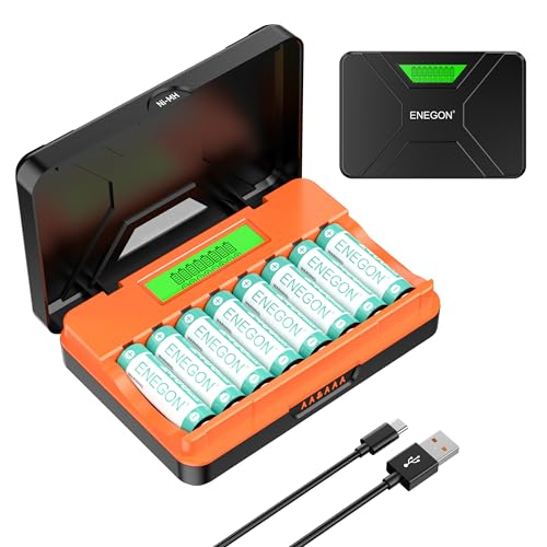 ENEGON Cargador Rápido 8 Ranuras para Pilas AA/AAA con Pantalla LCD + 8 Pilas AA Ni-MH (2400mAh)