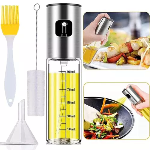Lenfuos Pulverizador de aceite 4 en 1 para cocina, 100 ml, con cepillo para aceite comestible, accesorios para cocinar, freidora de aire caliente, ensalada, barbacoa