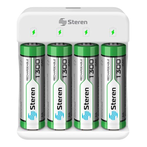 STEREN Cargador Inteligente de Pilas “AA” y “AAA”. Incluye 4 Pilas AA