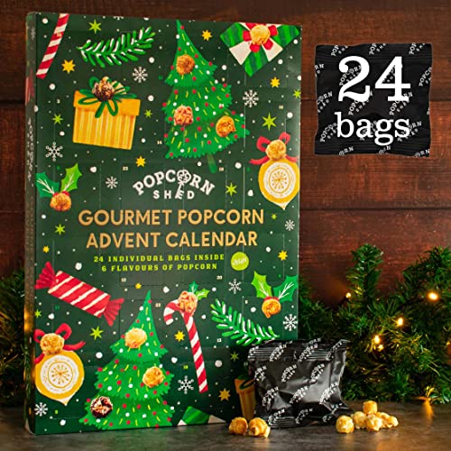 Popcorn Shed Calendario de Adviento de Navidad gourmet para palomitas de maíz 2024, 24 días de palomitas, 6 sabores de lujo, regalo vegano y sin gluten, calendario de Adviento sin chocolate