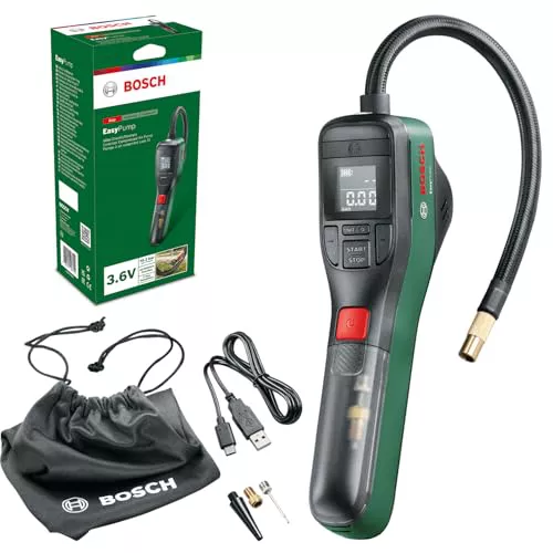 Bosch Bomba de Aire Bicicleta, compresor de Aire a batería EasyPump (batería de 3,0 Ah, 3,6 voltios, función de Parada automática, 150 PSI, 10,3 Bar, LED, Recargable Mediante Cable USB-C, en Caja)