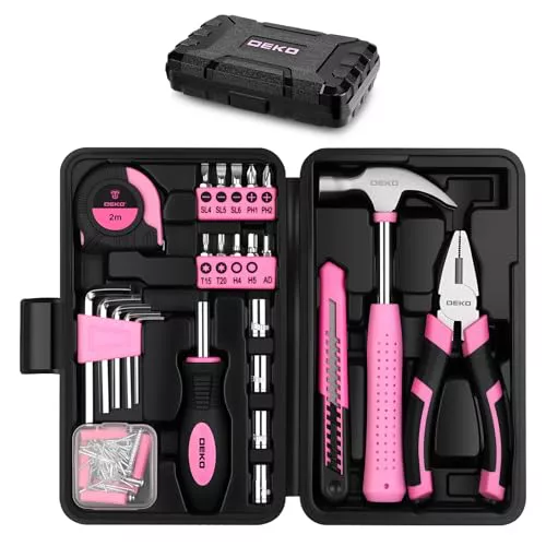 DEKO Caja de Herramientas Completa de 94 Piezas Color Rosa, Pequeño Juego de Herramientas Básicas con Caja de Almacenamiento de Plástico para Hogar Oficina y Taller