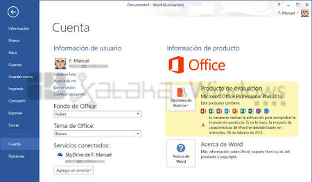 Word 2013 cuenta