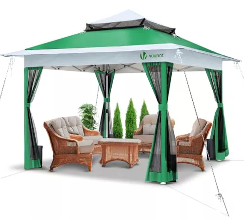 VOUNOT® Carpa Plegable Gazebo 3.6x3.6m con Laterales de Malla, Cenador Pabellón Pop Up de Jardín Techo Doble y Bolsas de Arena, Protección UV, para Camping, Fiestas, Exterior, Verde