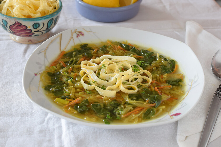 Vegetable julienne soup with turmeric and fake egg noodles a healthy
