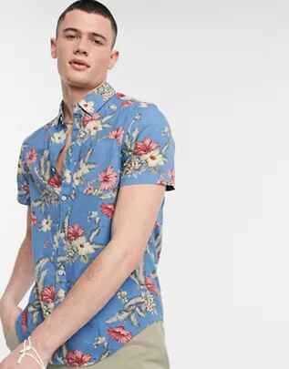 Camisa azul de corte estándar y manga corta con estampado floral de Original Penguin