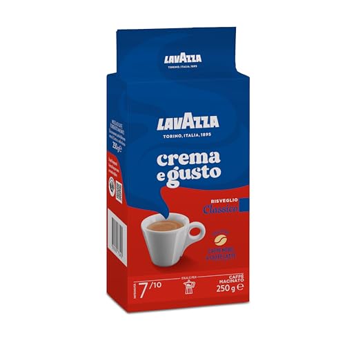 Lavazza, Crema e Gusto Classico, Café Molido Natural, Ideal para Cafetera Italiana, de Filtro y Francesa, con Notas Aromáticas de Especias, Arábica y Robusta, Intensidad 7, Tueste Oscuro, 250 g