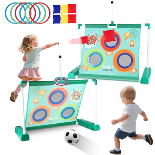 Juegos Exterior Niños Jardin 3 en 1, Juego de Lanzamiento de Anillos, Cornhole, Porteria Futbol Niños, Juegos Aire Libre Niños para Fiesta De Cumpleaños, Juguetes Niños 4 5 6 7 8 años