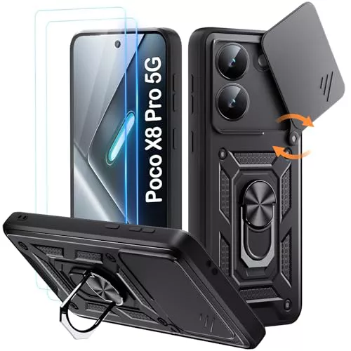 Yohii Funda para Xiaomi Poco X8 Pro 5G con 2 Protector de Pantalla y Cubierta De Cámara Deslizante, 360 Anillo Soporte PC Silicona TPU Bumper Antiarañazo Case Compatible con Poco X8 Pro, Negro