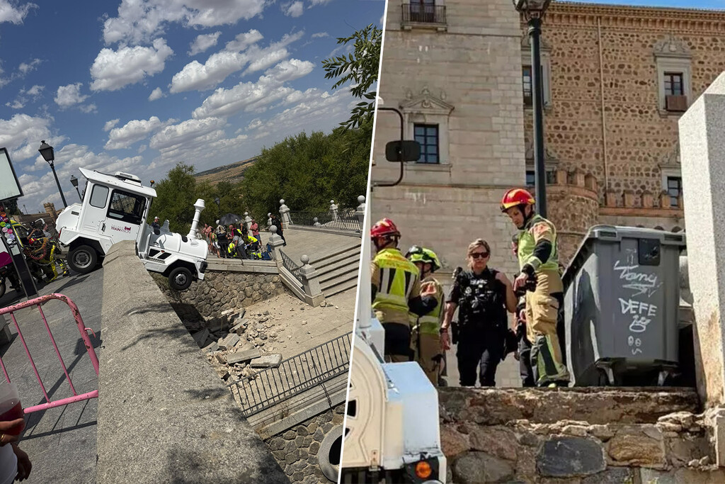 El tren turístico de Toledo se pone en marcha sin conductor, atropella a un turista y queda colgado junto al Alcázar