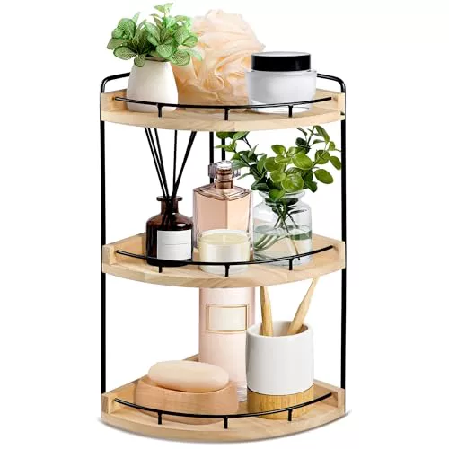 Alytree Organizador de baño de 3 niveles, estantería de esquina de madera con estructura de metal, organizador de encimeras para baño, cocina, tocador, rústico