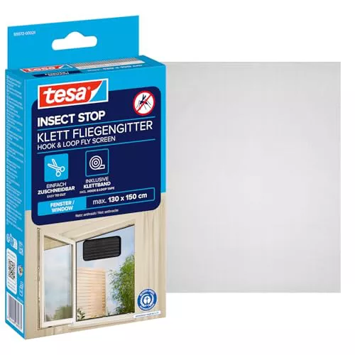 tesa Insect Stop Malla Mosquitera STANDARD para Ventanas, Mosquitera Autoadhesiva, Recortable al Tamaño Deseado, Gris Antracita, 130 cm x 150 cm