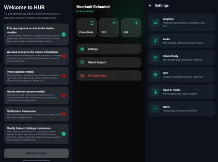 Nevo diseño de Headunit Reloaded con pantalla de aceptación de permisos (izquierda) y menús de ajustes (cetro y derecha)