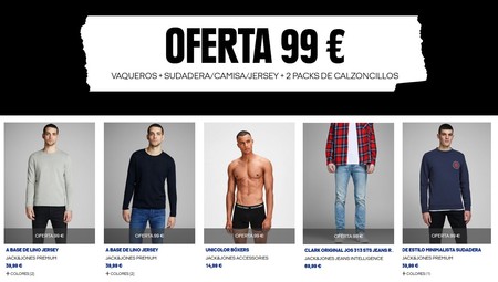Promoción Jack & Jones: pack de vaqueros, una sudadera/camisa/jersey y un pack de calzoncillos por 99 euros