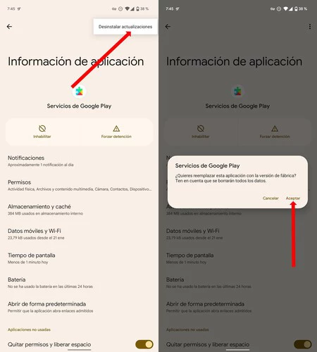 Desinstalación de actualizaciones en Google Play Services