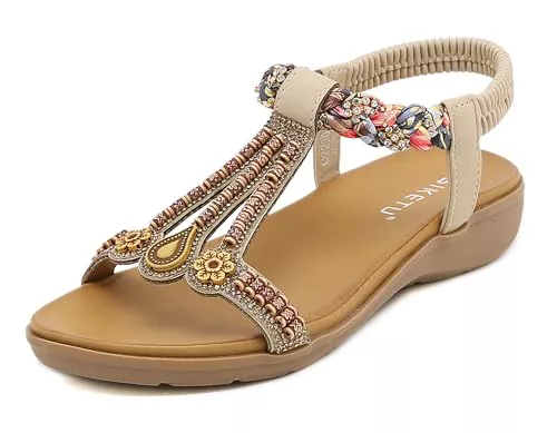 Meik Mangni Mujer Sandalias Planas Verano Bohemio Sandalias de Playa Punta Abierta Clip Toe Pisos Cómodo Casual Zapatos C Beige 38 EU