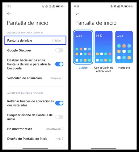 Capturas de pantalla mostrando cómo activar o desactivar el cajón de aplicaciones en un Xiaomi