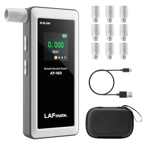 LAFMATE Alcoholímetro AT-160, Alcoholímetro de Alta Precisión con Umbral de Alarma Ajustable, Pantalla LCD, Memoria de Pruebas y 10 Boquillas Incluidas – Ideal para Uso Doméstico