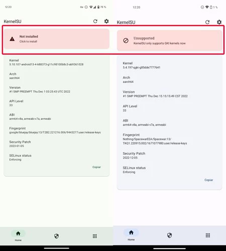 左、KernelSU でサポートされている携帯電話 (Google Pixel 6a)。右、モバイルはサポートされていません (何も電話 (1)