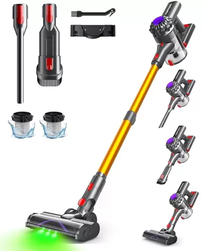 VACTechPro V15 Aspiradora sin Cable,30 kPa Aspirador de Mano,6 en 1 Inalámbrica con 35 Minutos de autonomía y batería extraíble,Aspirador Escoba Ideal para Pelo de Mascota/Alfombra/Suelo Duro&Oro