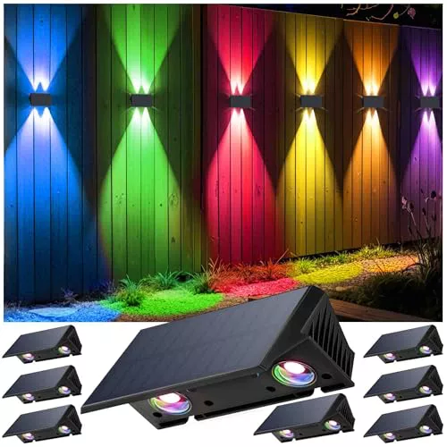 IIRARA Aplique Solar Exterior, Lámparas Solares Exteriores Arriba Y Abajo IP67 Impermeable,Luces Solares Exterior Jardín Inalámbricas De 4 Led Adecuadas Para Patio Balcón Valla 8*RGB