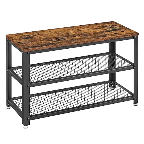 VASAGLE Banco Zapatero, Zapatero con Banco, Banco para Zapatos, Organizador con 2 Estantes, 30 x 73 x 45 cm, para Pasillo, Sala de Estar, Acero, Estilo Industrial, MarrÓn RÚstico y Negro LBS73X