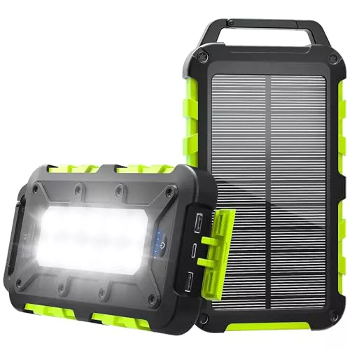 Cargador Solar 10000mAh Power Bank Solar, Bateria Externa con Carga Rápida 22,5 W Impermeable IPX4 2 Puertos USB + Linterna LED Compatible con Smartphones Tablets Camping y Emergencias Verde