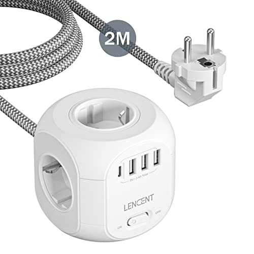LENCENT Cubo Regleta Enchufes 2M con 4 Tomas de CA, 3 USB y 1 Tipo C