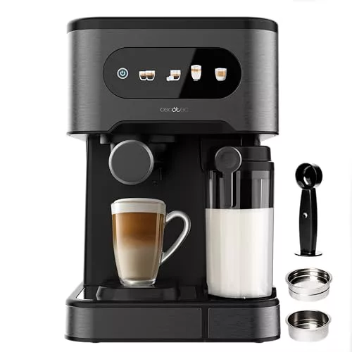 Cecotec Cafetera Express Power Espresso 20 ColdBrew Latte +. 1350W, 20Bares, ColdBrew, Pantalla Color Táctil, Depósito Agua 1.5L, 500ml Leche, Acero Oscuro, Calientatazas, Doble Brazo, Desmontable