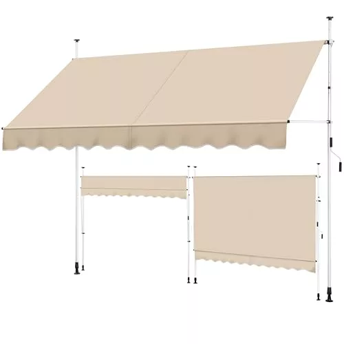Yaheetech Toldo Manual Retráctil Exterior Toldo Enrollable Exterior Altura Ajustable con Manivela Sin Taladro Resistente a UV Repelente al Agua para Balcón Terraza Patio Jardín 300x300-210cm Beige