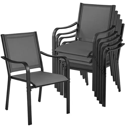 Yaheetech Juego de 6 Sillas de Jardín de Poliéster con Respaldo y Reposabrazos Sillas Terraza Exterior Apilables 67x56.5x86.5 cm, Carga 136 kg Gris